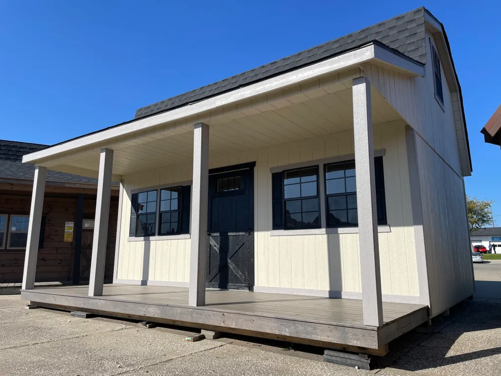 prefab two story cabin front porch